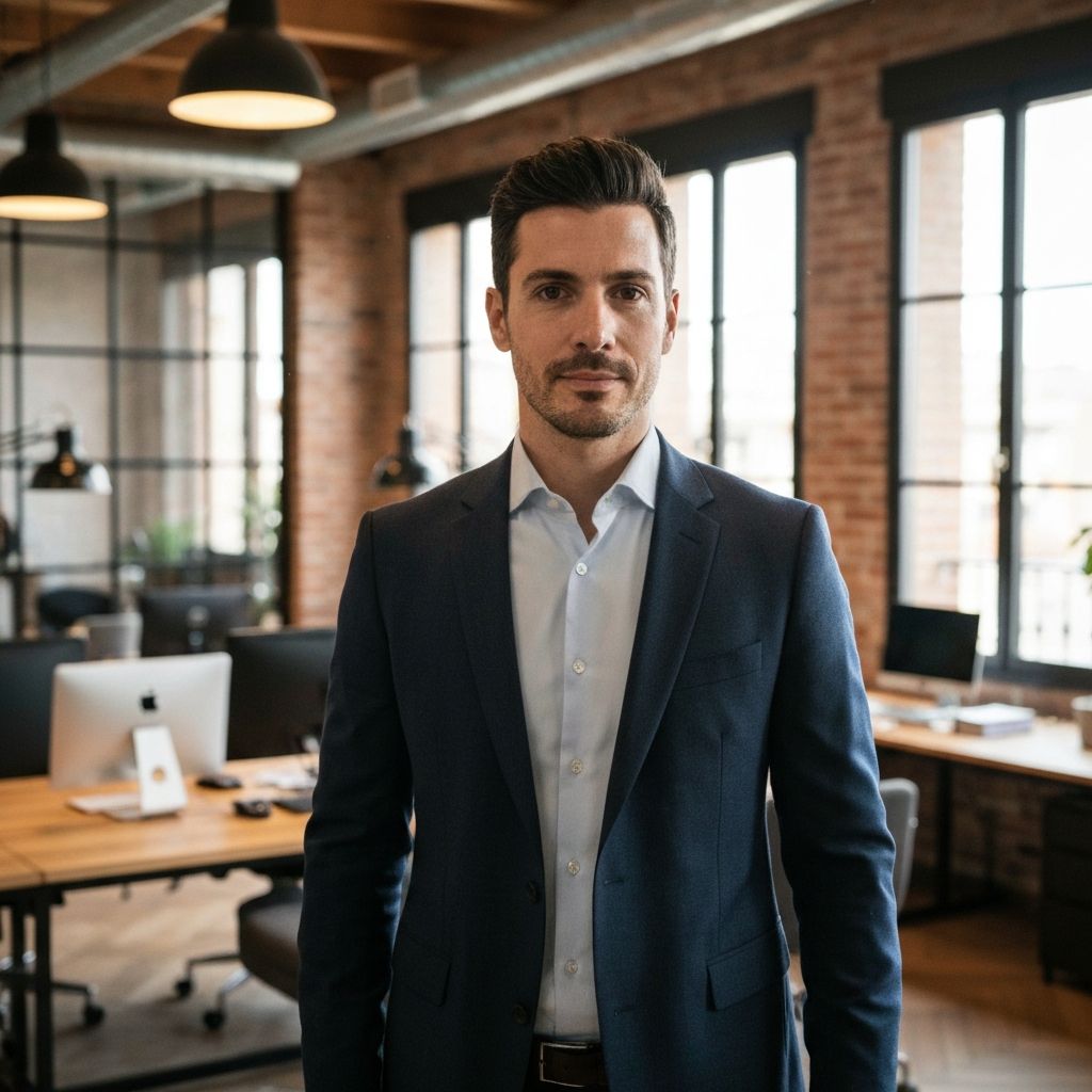 Ejecutivo empresarial analizando gráficos de optimización de precios en una tablet moderna en un entorno industrial profesional con tonos oscuros y detalles ámbar