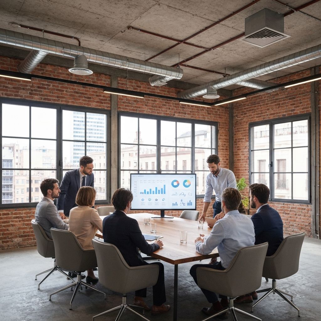 Propietarios de empresas industriales en una reunión estratégica revisando informes financieros y planes de optimización en una sala de juntas moderna